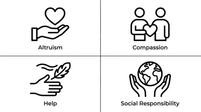 Social Responsibility Icons in Minimalist Style with Simple Black Lines on White Background for Charity Campaign