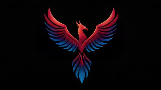 Red and blue phoenix with outstretched wings on black background