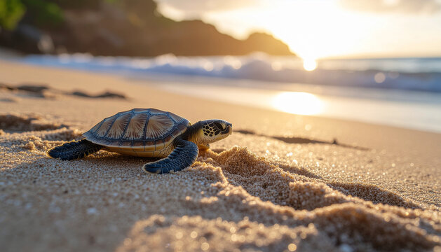 A determined baby sea turtle hatchling bravely begins its life's journey, crawling across the warm sandy beach towards the shimmering ocean waves under the glow of a beautiful sunrise