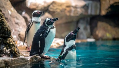 Three penguins are posing by a bright turquoise pool with rocky scenery behind