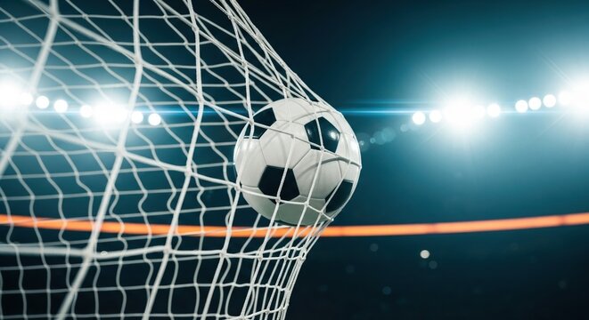 The soccer ball enters the goal during a football world cup match.
