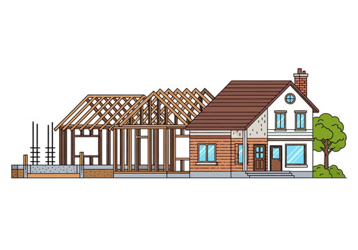 House construction progress showing framing beside a finished section