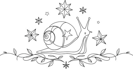 Whimsical Line Art Illustration of Magical Snail Surrounded by Celestial Stars and Leafy Vines for Childrens Book Design Enchanted Garden Nature and Fantasy Concept © Its Ariful 