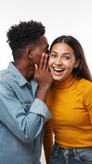 Naklejka premium Young couple sharing a secret whisper on a white studio background