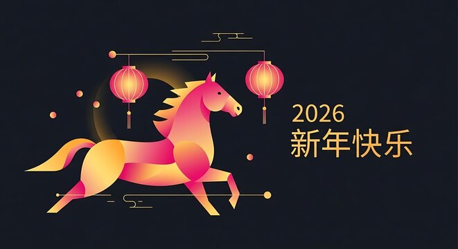 Vibrant 2026 Lunar New Year Greeting Featuring a Majestic Horse and Traditional Lanterns