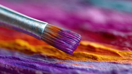 Fototapeta premium Close-Up of a Paintbrush Dipped in Bright Purple Paint on an Abstract Colorful Canvas with Vibrant Swirls and Textures