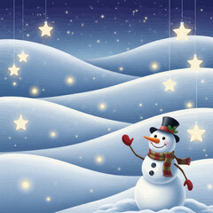 Obraz premium Snowman in snowy landscape with stars