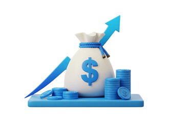 White money bag with dollar sign and blue rope on platform with coins and upward trending graph arrow isolated on transparent background