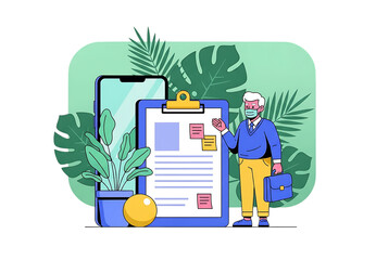 Older man wearing a face mask standing next to a large clipboard with papers and a mobile phone and plants around him isolated on transparent background