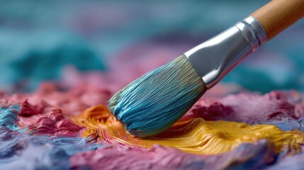 Fototapeta premium Close-Up of Artist Brush on Vibrant Palette Filled with Colorful Paint in Bold Swirls and Textures, Showcasing the Beauty of Creativity and Artistic Expression