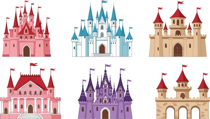 Set of colorful cartoon fantasy castles and medieval fortresses with flags and towers isolated on grey background for games and children illustration © Shakhawat