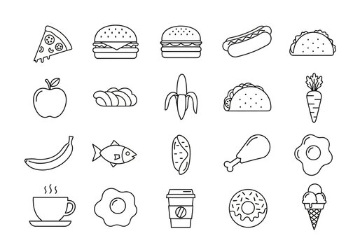 A grid of black and white line art icons representing various foods and drinks