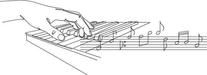 Continuous One Line Drawing of Hand Playing Piano Keyboard with Musical Notes for Music Lessons Concert Performance Minimalist Vector Illustration for Creative Jazz Design © Selina