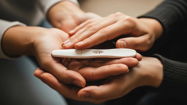 Affectionate Couple Sharing Positive Pregnancy Test Result, Close-Up Depicting Shared Joy and Anticipation, Warm Tone
