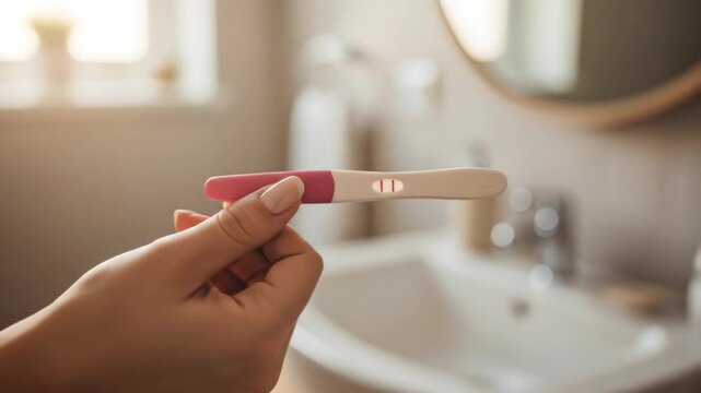 Positive Pregnancy Test Result Held in Woman s Hands with Bathroom Setting and Soft, Natural Lighting