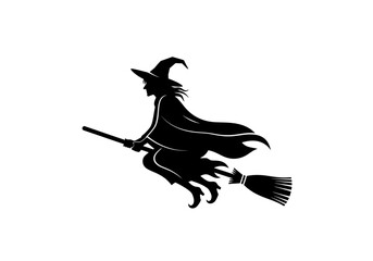 A witch flying on a broomstick against a plain background from a side viewpoint