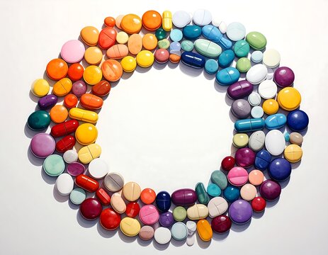 Colorful assortment of pills arranged in a circular shape with bright illumination