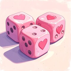 Three pink cartoon dice with hearts, resting on a soft background with light shadows creating soft vibes