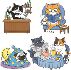Cute cartoon cats vector illustration set featuring funny cat characters drinking coffee, reading newspaper, sleeping and relaxing at home, cozy lifestyle scenes isolated