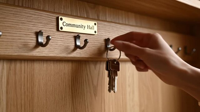Hand hangs keys on hooks with "Community Hall" sign