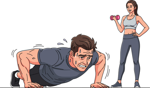Funny Fitness Concept with Struggling Man Doing Pushups and Calm Woman Lifting Dumbbell Vector