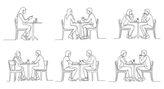 continuous line drawing of people at cafe tables talking contemplating and on phones illustrating diverse social interactions.