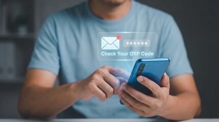 Man securely accessing information on smartphone with OTP code for authentication