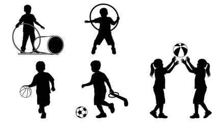 Obraz premium silhouettes of children playing various sports with basketballs soccer balls and hula hoops illustrating active childhood recreation.