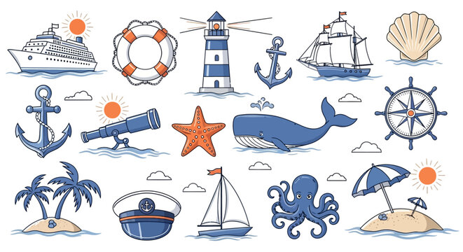 nautical marine pattern with cartoon ships anchors whales lighthouses ideal for summer kids designs and travel.