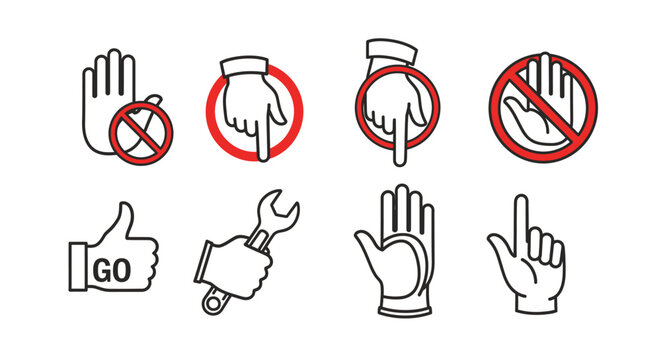 Diverse Set of Hand Gesture Icons Including Stop, Thumbs Up, and Wrench, for Communication and Instruction, on Isolated White Background