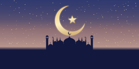 Ramadan Kareem and Eid Mubarak Mosque Silhouette with Crescent Moon at Night Background Vector