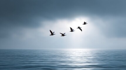 Fototapeta premium Serene Scene of Birds in Flight Over Tranquil Ocean Under Mysterious Cloudy Sky at Dusk Captured in a Captivating Moment of Nature's Beauty