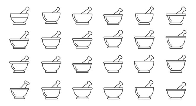 Seamless pattern of mortar and pestle icons, symbolizing pharmacy, compounding, and traditional medicine, isolated white background.