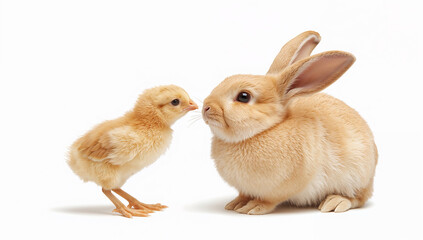 ひよこが背伸びしてうさぎへ優しく口づけする友情シーン、かわいさと安心感がある.生成AI