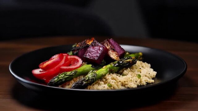 Nasi, daging,dan beberapa jenis sayuran sudah disajikan di piring di atas meja makan 