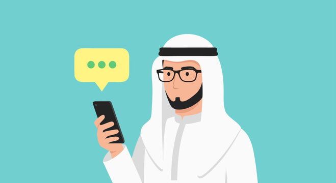 Arab man holding smartphone with chat bubble icon on blue background