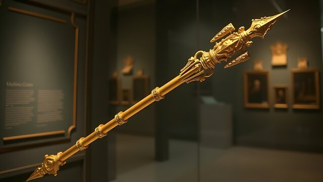 glaive. A ceremonial gilded glaive with carved shaft displayed in a museum. event programs, museum guides, designed for cultural heritage projects and event programs, preserves heritage.