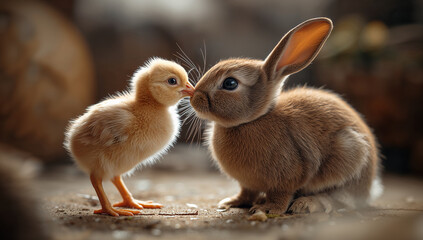 うさぎに届くよう背伸びするひよこの健全なキス、明るい友情ムードで使いやすい動物モチーフ.生成AI