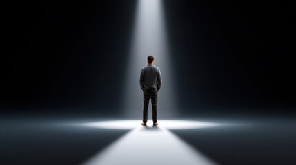 Fototapeta premium Alone in the Darkness: A Solitary Figure Standing Under a Bright Light in an Empty Space Symbolizing Isolation and Contemplation