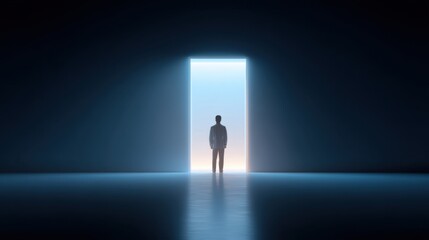 Obraz premium Mysterious silhouette of a person standing in front of an illuminated doorway in a dark room, symbolizing hope, choices, and new beginnings in life
