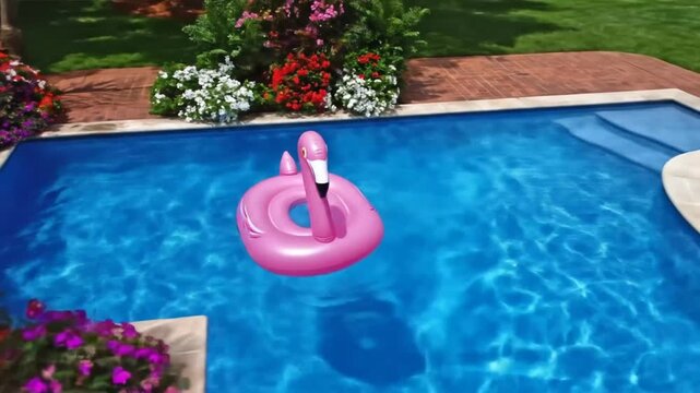 A vibrant pink flamingo pool float rests serenely on the azure water, bathed in the sunlight.
