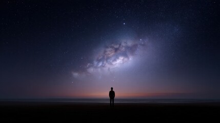 Obraz premium A solitary figure gazing at the sprawling galaxy over a tranquil beach, capturing the beauty of the cosmos and the vastness of nature at twilight.