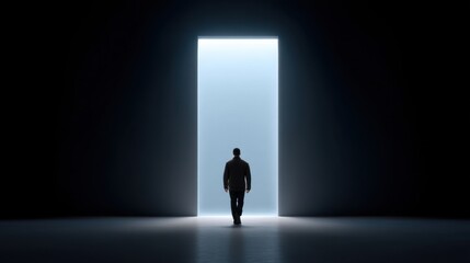 Obraz premium Man Silhouetted in Front of Bright Doorway Illuminating Darkness with Hope and Opportunity for New Beginnings and Possibilities Ahead