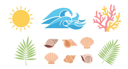 Obraz premium Stylized Summer Beach Icon Collection: Sun, Waves, Seashells, Coral, and Tropical Palm Leaves Vector Set.