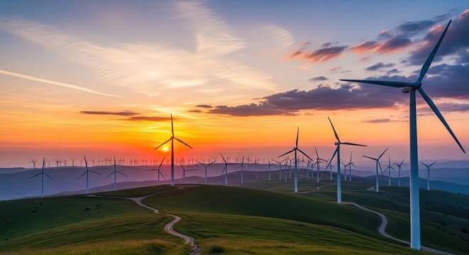A vibrant sunset over a vast, green hillside with numerous wind turbines, creating a serene and eco-friendly landscape.
