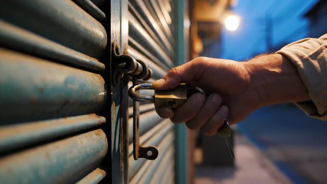 Hand locking a metal shutter door with a padlock and key at dusk