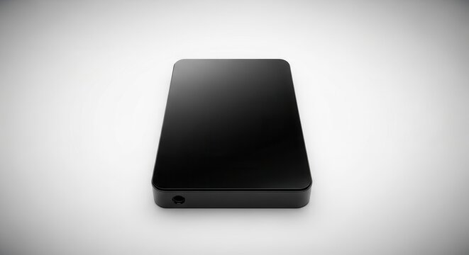 Modern minimalist black external hard drive for data storage and digital media backup on white
