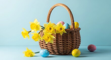 Naklejka premium Easter sunday celebration with colorful eggs and flowers in a woven basket