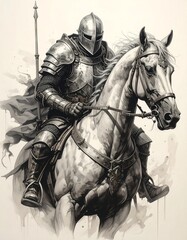 Fototapeta premium A knight in full plate armor rides a white horse
