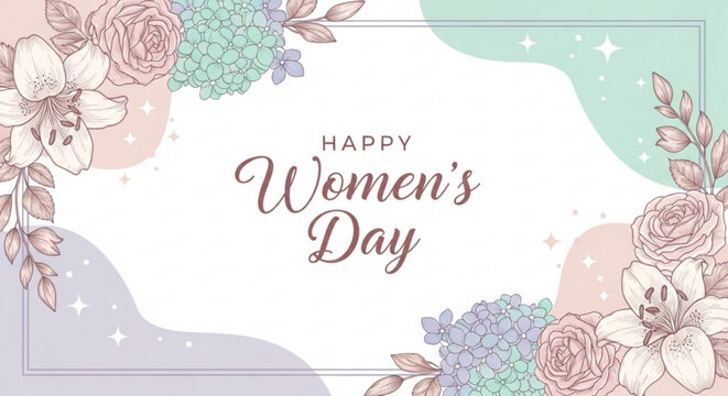 Happy women's day celebration with floral border and pastel colors for social media